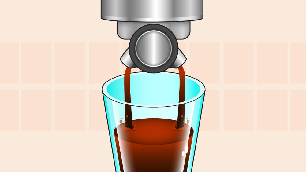 Espresso machine pouring coffee into a clear glass cup, shown from the front view.