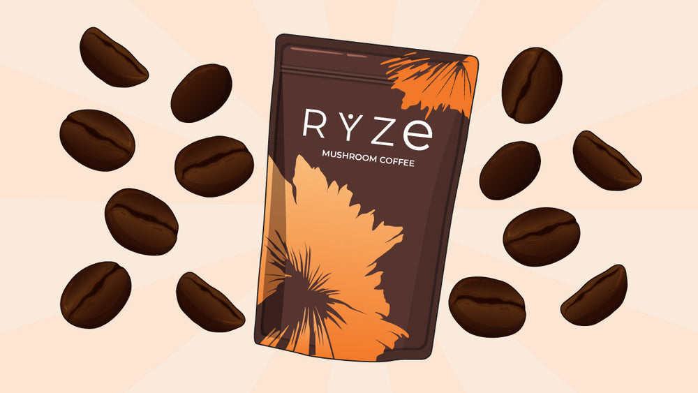 Ryze mushroom coffee packet surrounded by scattered coffee beans.