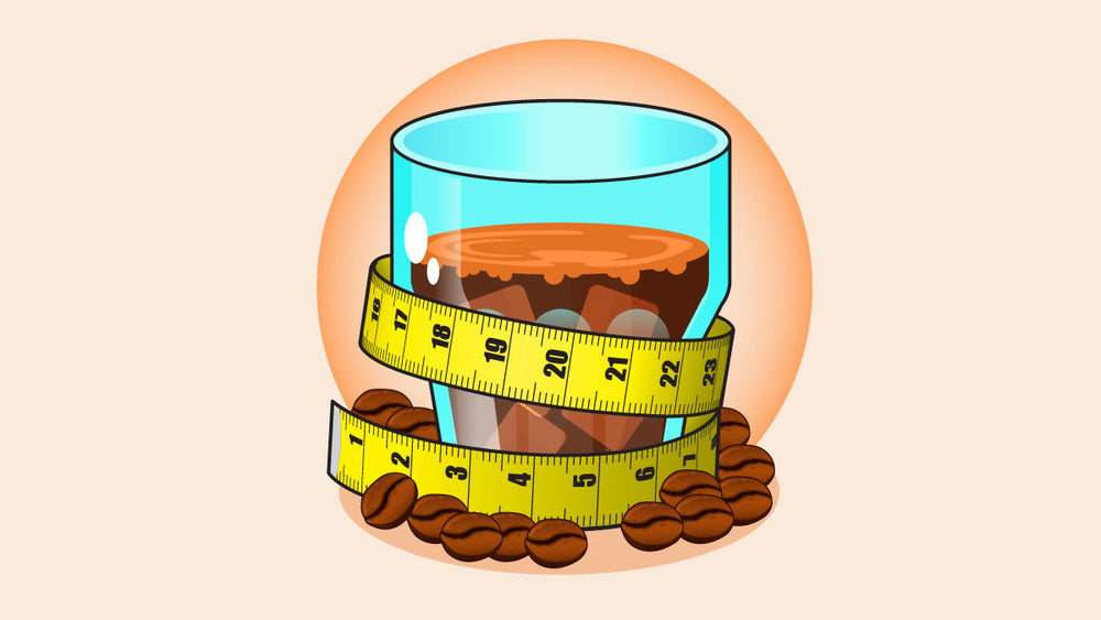 Iced coffee wrapped in a yellow measuring tape, surrounded by coffee beans, symbolizing coffee’s potential effects on metabolism and weight loss
