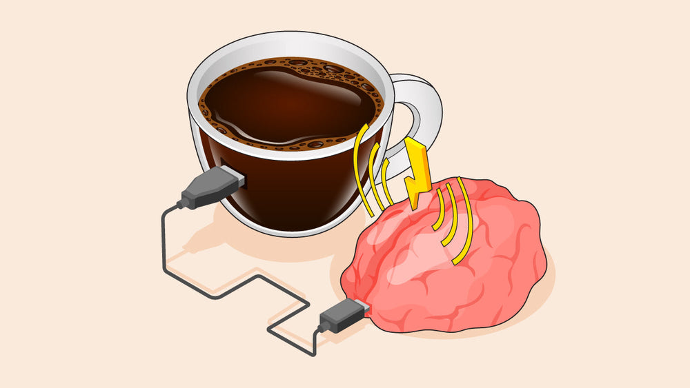 Cup of coffee connected by cables to a brain, with yellow energy symbols.