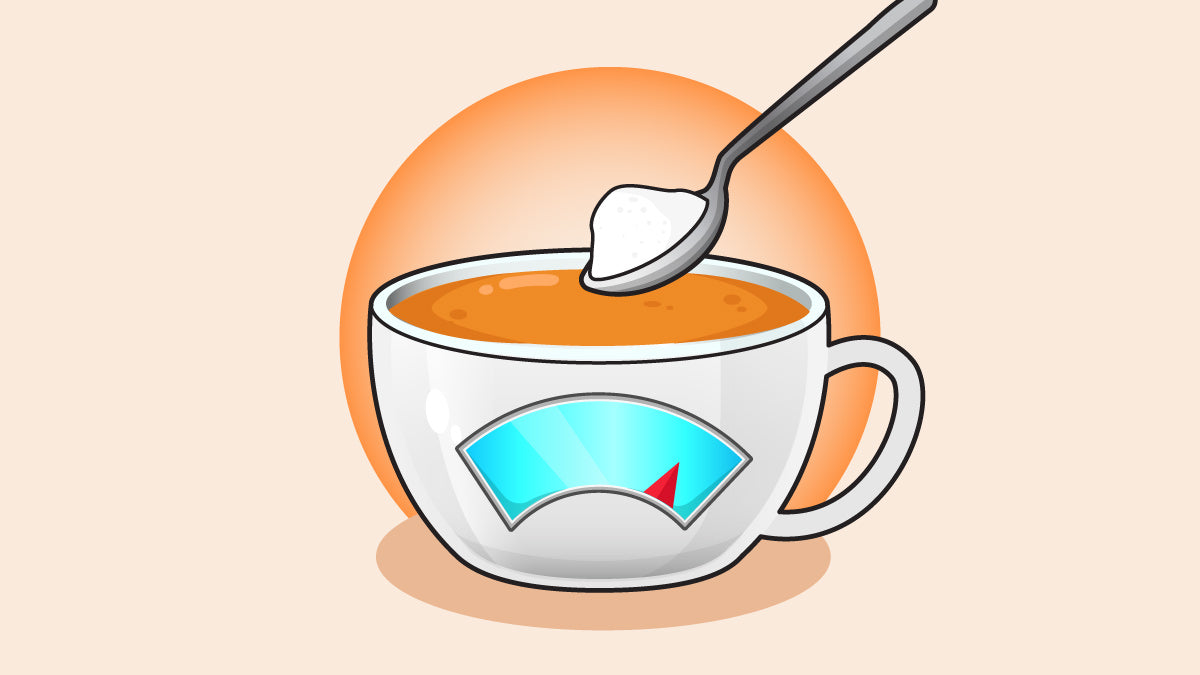 A spoonful of sugar being added to a cup of coffee with a calorie indicator on the mug.