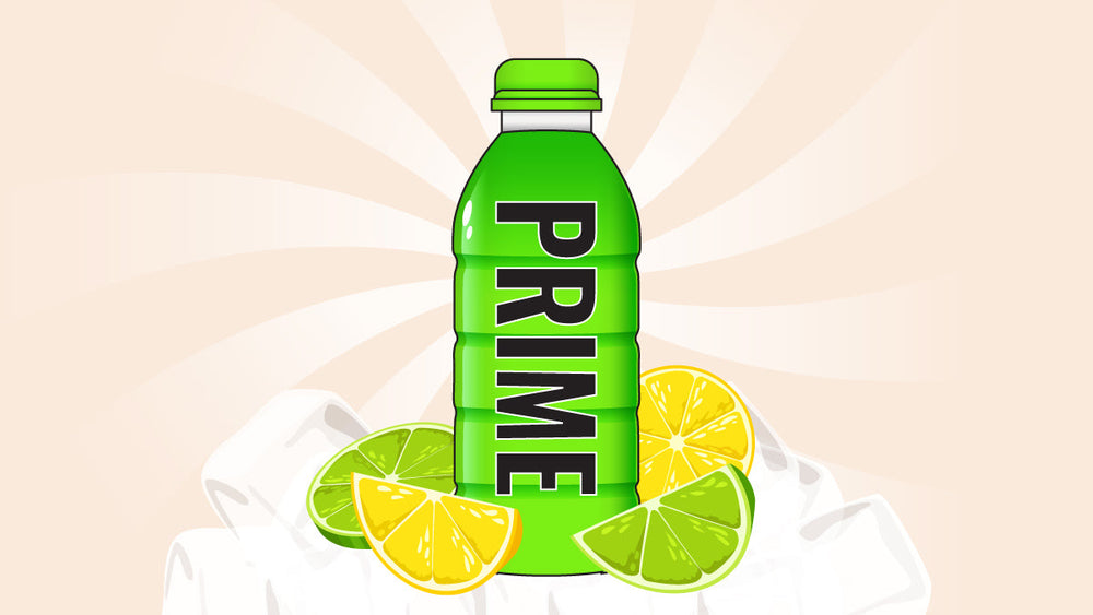 A bottle of prime on top of ice cubes and lemons.