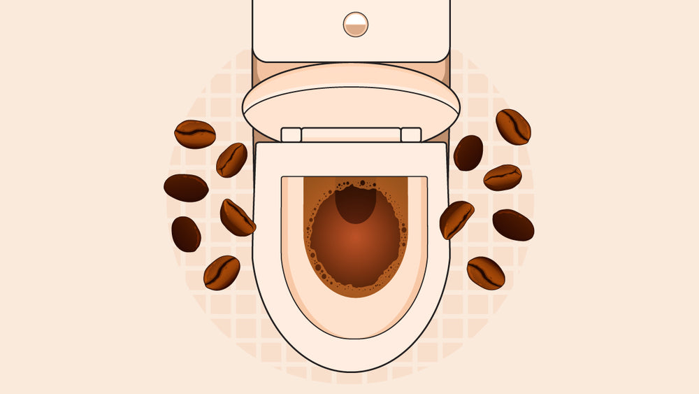 Toilet bowl filled with coffee-like liquid, surrounded by scattered coffee beans