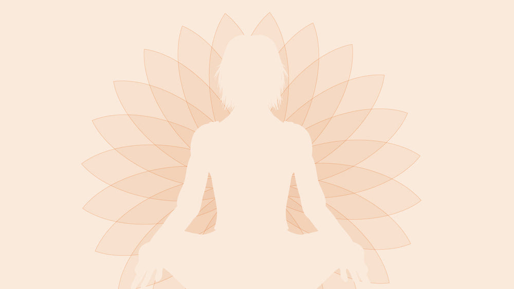 Silhouette of a person meditating in lotus position with layered lotus petals radiating outward.