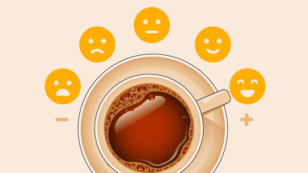 Cup of coffee surrounded by five emoji faces showing a range of emotions from sad to happy.