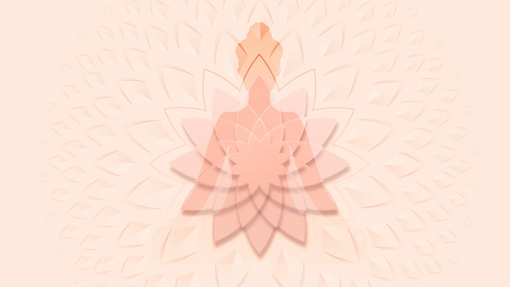 Silhouette of a woman in meditation pose layered with a lotus flower and abstract petal patterns in soft pink tones.