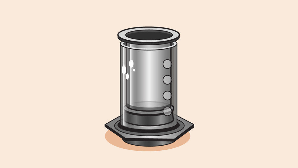 Illustration of an AeroPress coffee maker with a transparent chamber and hexagonal base