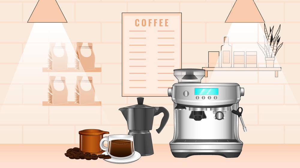 Coffee bar setup with espresso machine, moka pot, grinder, cup of coffee, beans, and shelves with supplies.