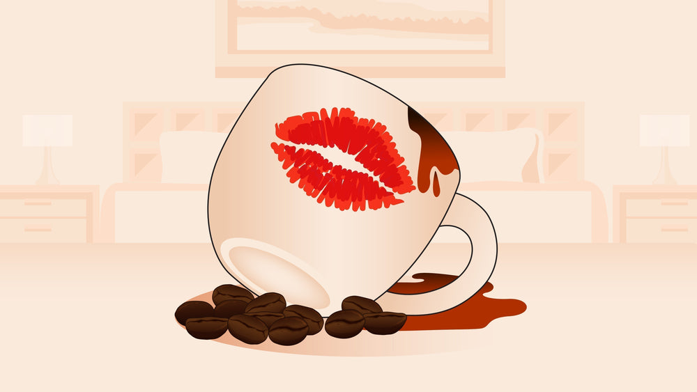Tipped coffee cup with red lipstick mark, spilled coffee, and scattered beans.