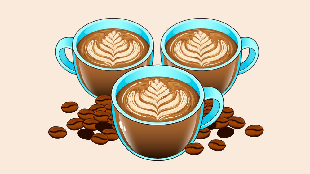 Three cups of cappuccino with intricate latte art, surrounded by scattered coffee beans, representing rich and creamy espresso-based drinks