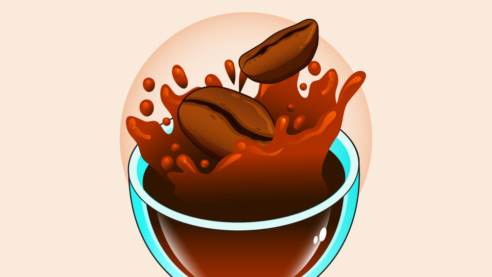 Illustration of coffee beans splashing into a cup of coffee