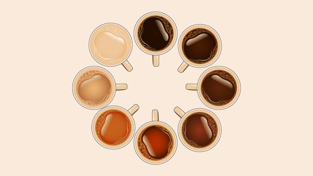 Top view of eight coffee cups arranged in a circle, each showing a different coffee shade from light to dark.