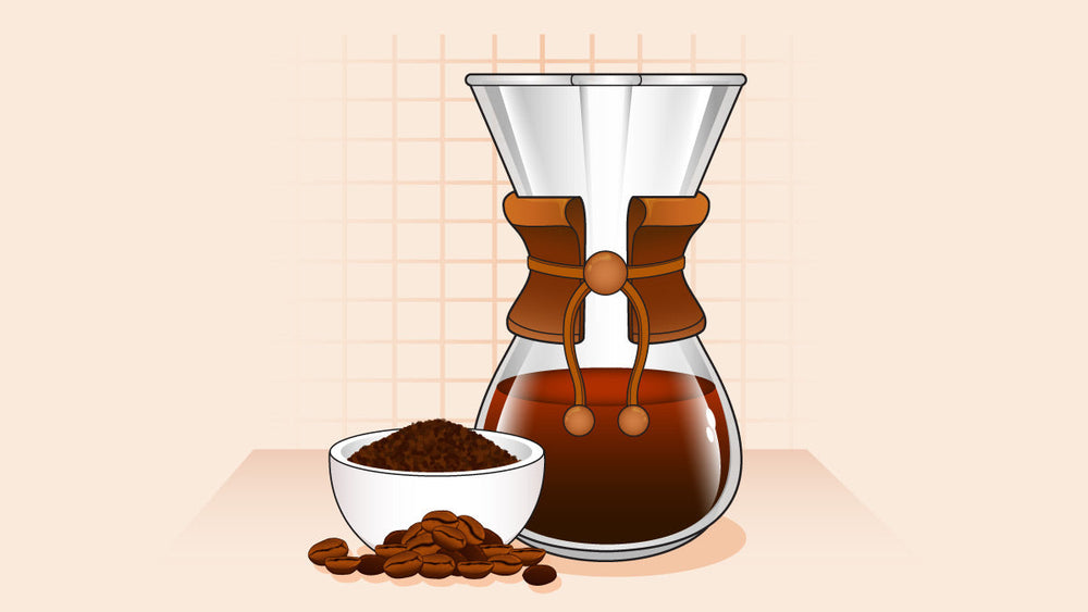 Chemex coffee maker with brewed coffee, ground coffee, and beans