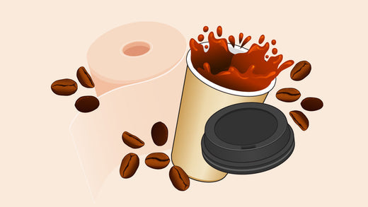 A takeaway coffee cup with coffee splashing out, surrounded by scattered coffee beans and a lid nearby, with a roll of tissue paper