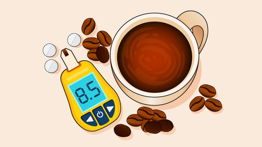 Coffee cup with scattered coffee beans, white tablets, and a yellow glucose meter reading 8.5