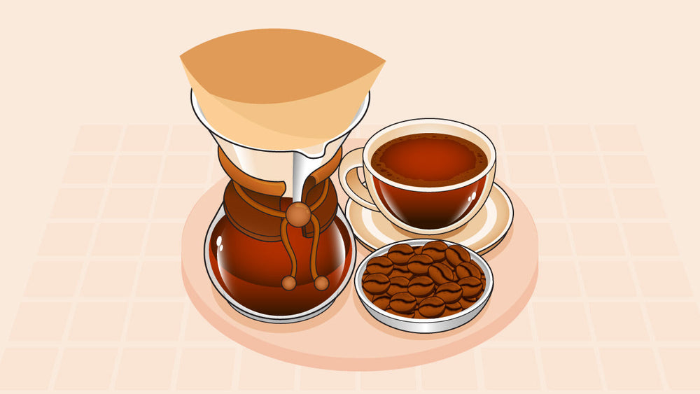 Chemex coffee maker with a paper filter, a cup of freshly brewed coffee, and a dish of coffee beans