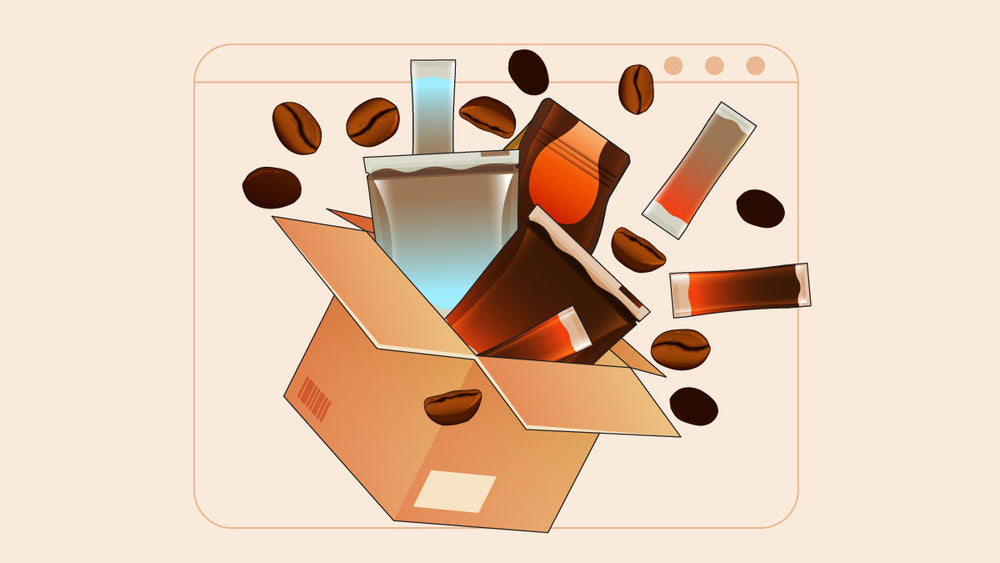 Open box with instant coffee sachets, iced coffee, and coffee beans floating around