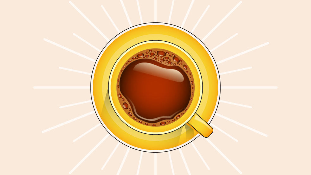 Top view of a cup of coffee in a yellow cup and saucer.