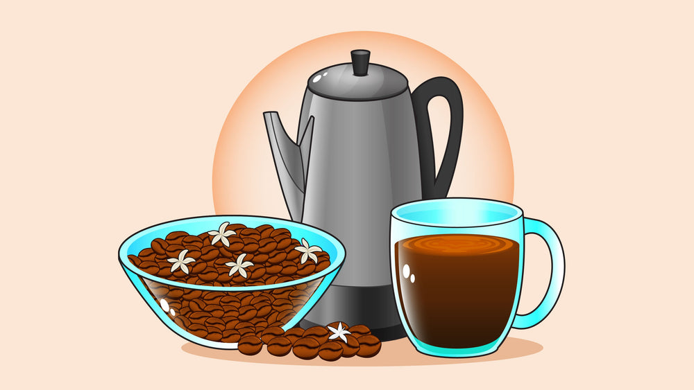 Coffee percolator with a blue cup of coffee and a bowl of coffee beans with small white flowers.