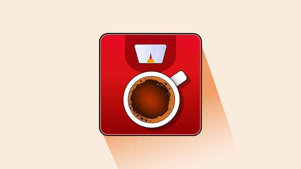 Coffee cup placed on red scale with weight dial above it