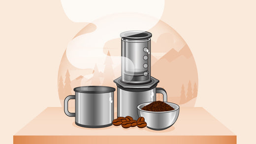 A coffee maker and coffee mug with a nature background