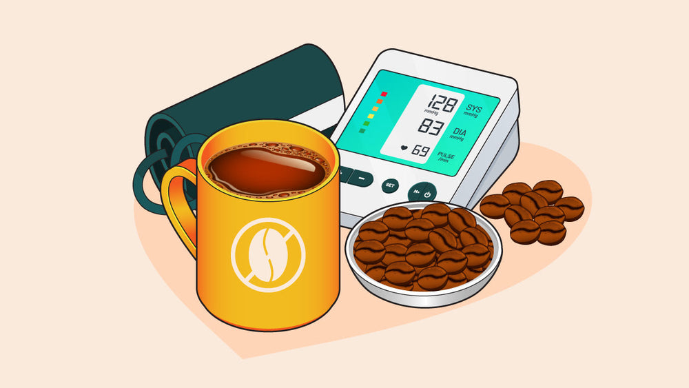 Illustration of a coffee mug, coffee beans, and a blood pressure monitor displaying a reading of 128/83 mmHg with a 69 bpm pulse
