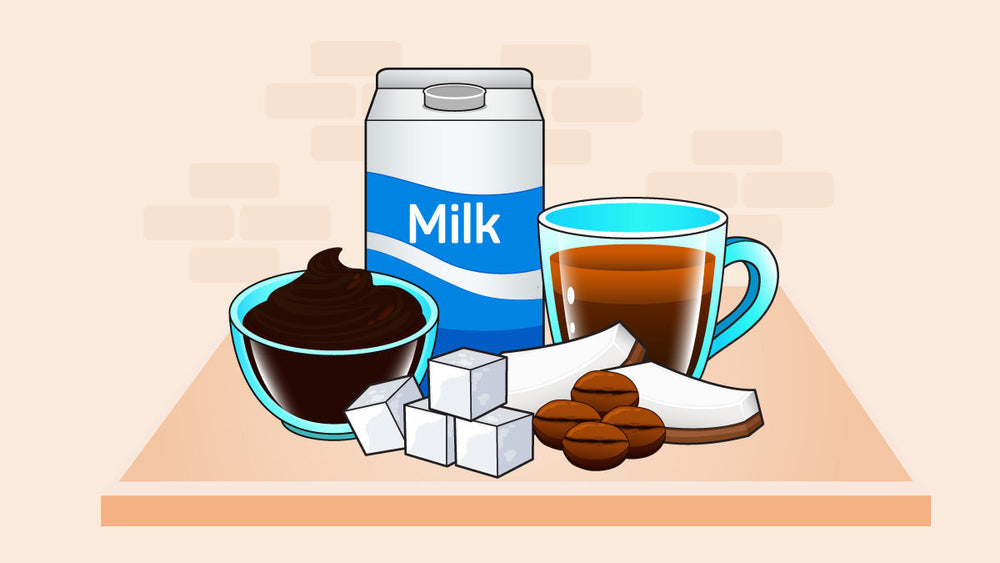 A cup of coffee with a milk carton, chocolate spread, sugar cubes, coffee beans, and coconut pieces
