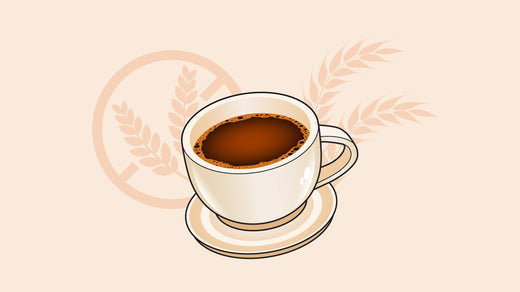 White coffee cup filled with black coffee on a saucer, with a gluten-free symbol and wheat stalk design