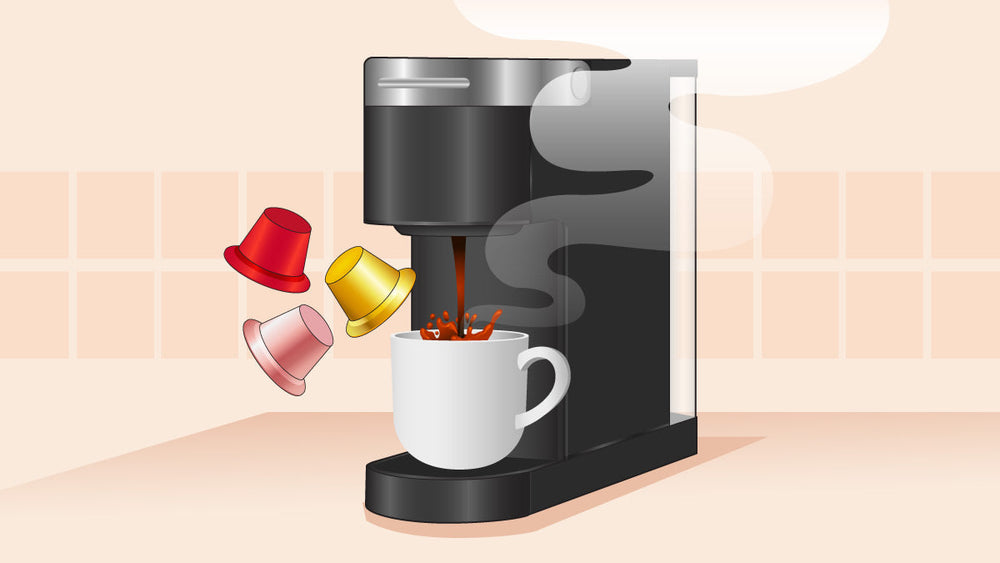 A coffee machine brewing espresso with colorful coffee pods floating nearby