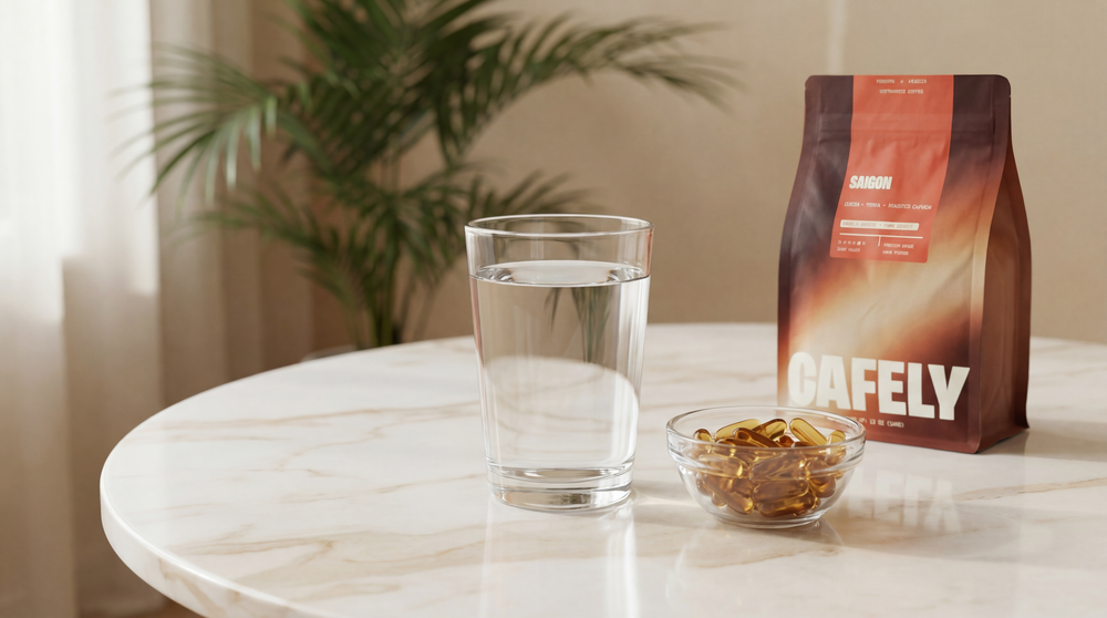 Glass of water and health supplement capsules beside a bag of Cafely Saigon coffee on a marble table.