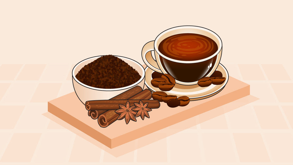  steaming cup of coffee with coffee beans, ground coffee, cinnamon sticks, and star anise