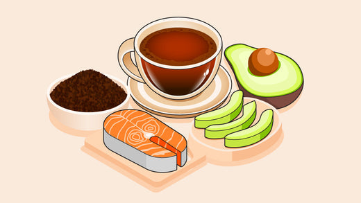 Keto meal essentials with black coffee, coffee grounds, sliced avocado, and salmon fillet