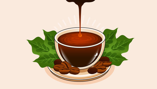 Coffee cup with steaming rich brown coffee, surrounded by coffee beans and green leaves, with a pouring coffee stream