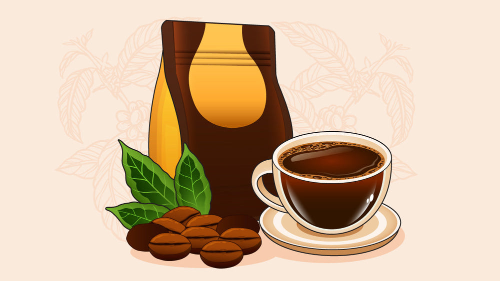 A cup of coffee with coffee beans, green leaves, and a brown and yellow coffee bag.