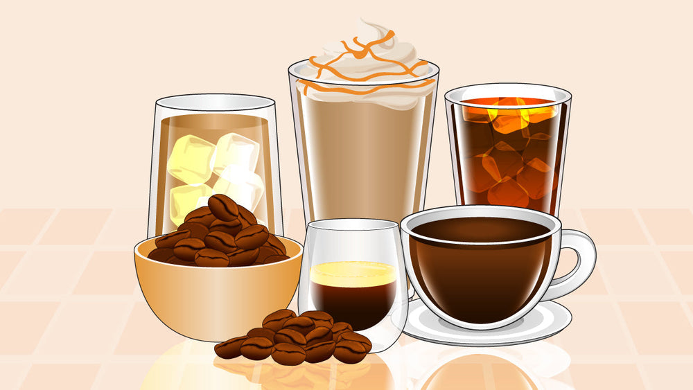 Variety of coffee drinks including iced coffee, latte, espresso, and black coffee with a bowl of coffee beans.