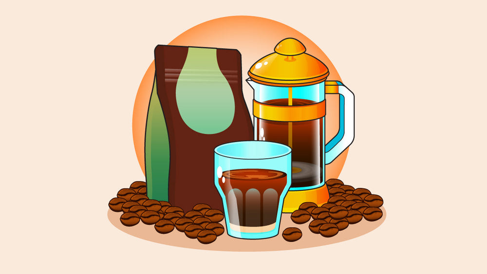 a French press filled with brewed coffee, a glass of coffee, a coffee bag, and scattered coffee bean