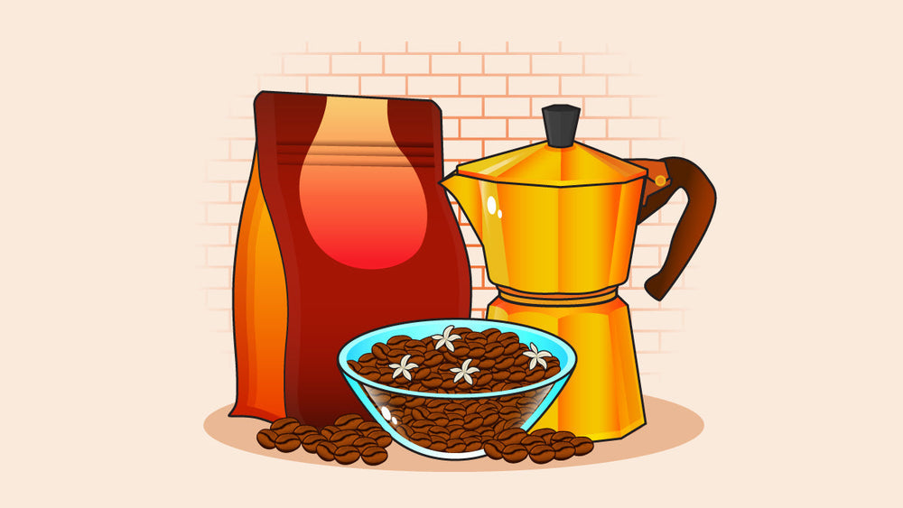 Moka Pot with coffee beans in a bowl and a new pack of coffee beans.