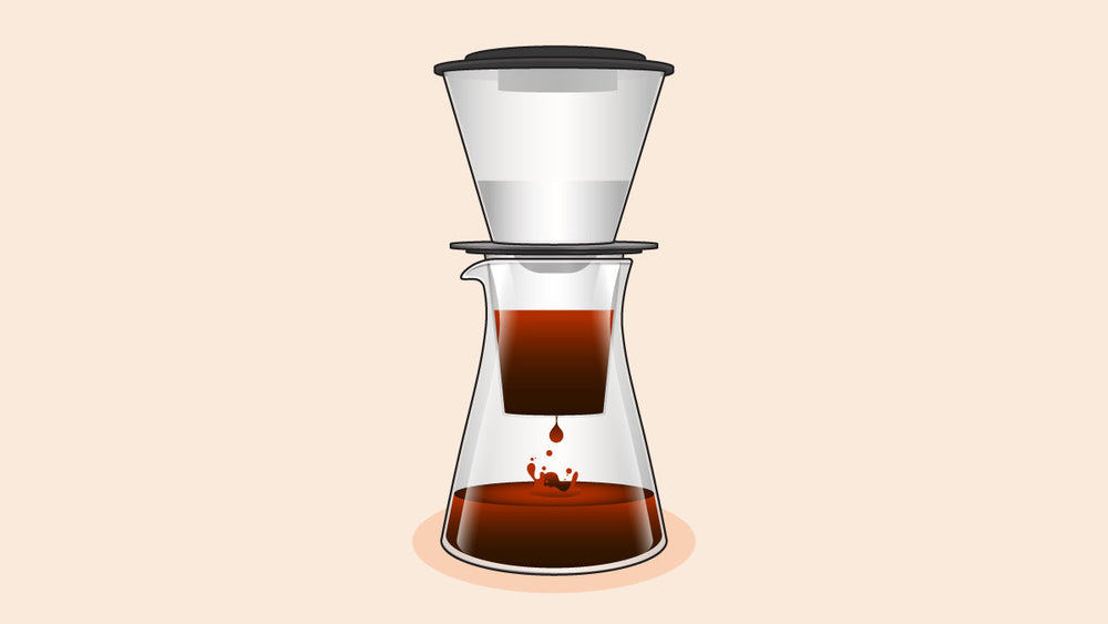 Cold drip coffee brewer with a glass carafe collecting brewed coffee from a drip system above