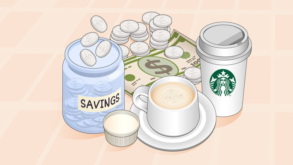Savings jar with coins and cash beside a cup of coffee and a Starbucks cup.