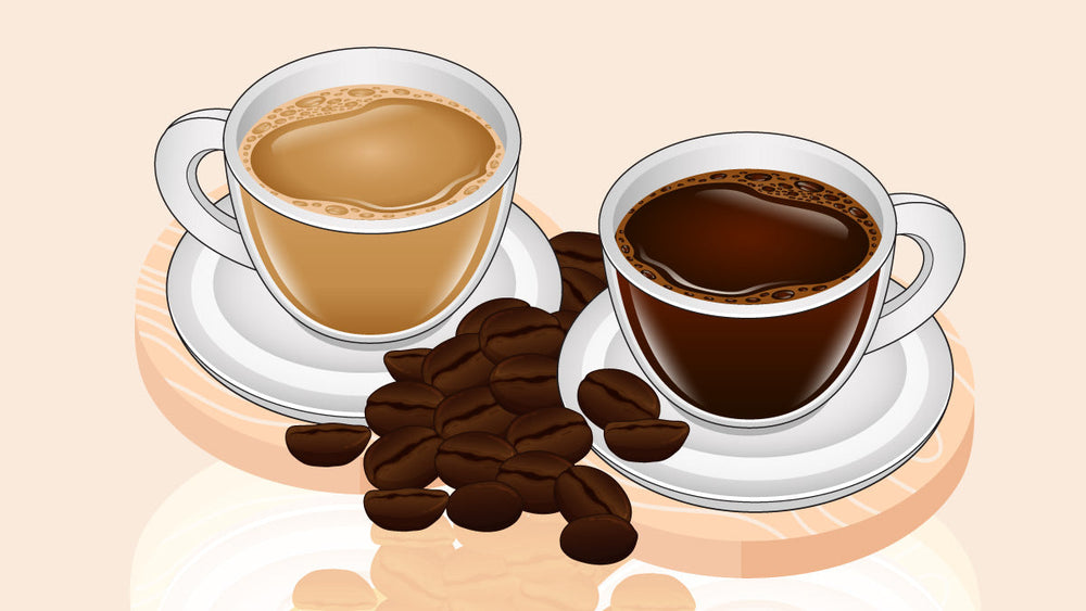 Two cups of coffee, one light and one dark, on saucers with scattered coffee beans.