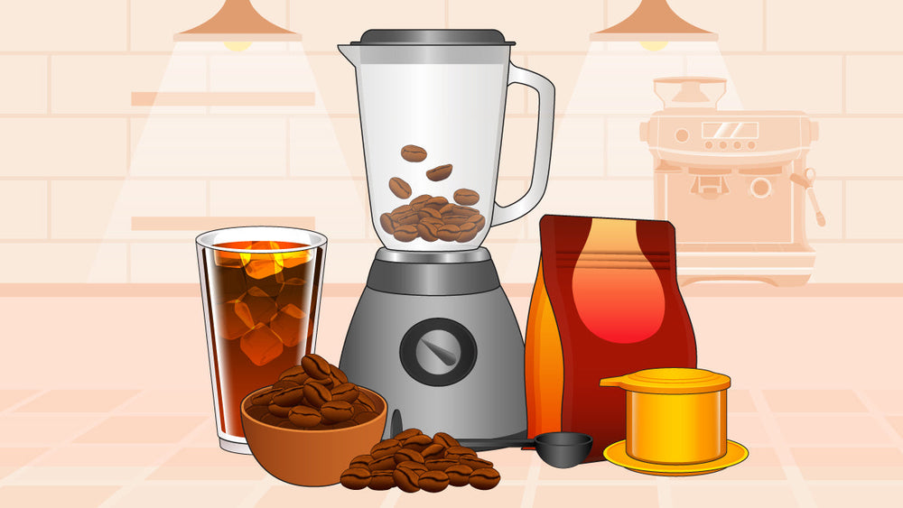 Coffee blender with beans, iced coffee, coffee bag, scoop, and Vietnamese phin filter.