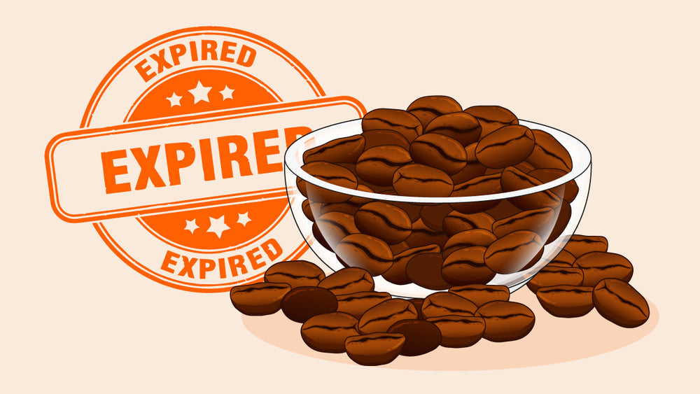 Bowl of coffee beans with an orange “EXPIRED” stamp.