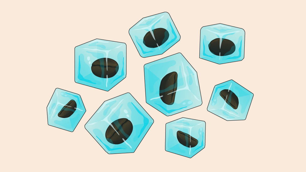 Coffee beans frozen inside blue ice cubes.