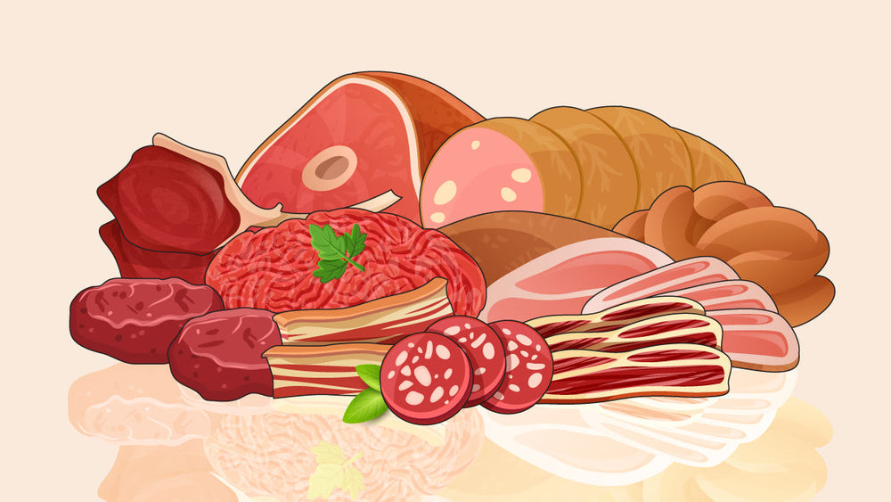 Assorted meats including steaks, ground meat, bacon, ham, and sausages, arranged together with garnishes.