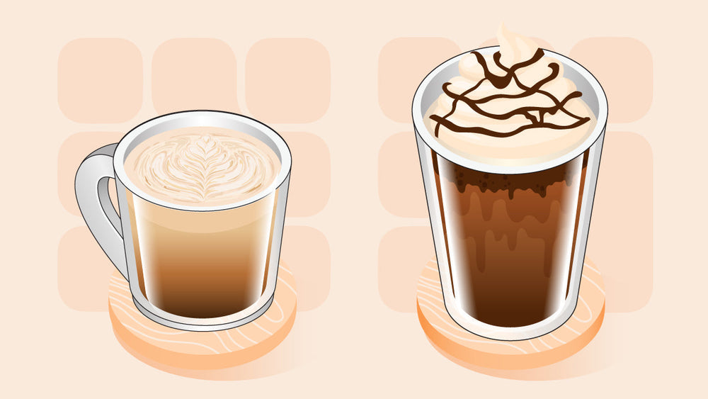 Hot cappuccino with foam art and cold frappuccino with whipped cream and chocolate drizzle, both on coasters.