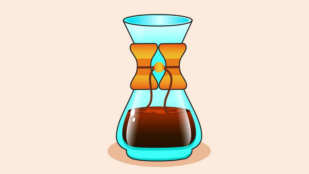 Illustration of a Chemex coffee maker with a wooden collar and leather tie, filled with freshly brewed coffee