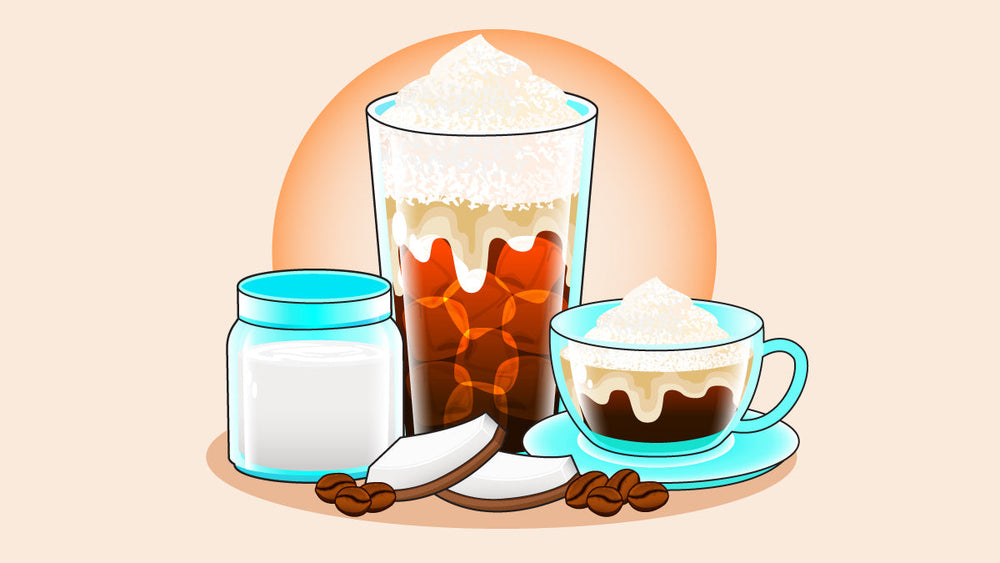 coconut coffee served in a tall glass and a cup, topped with whipped coconut cream, alongside a jar of coconut milk and coconut slices