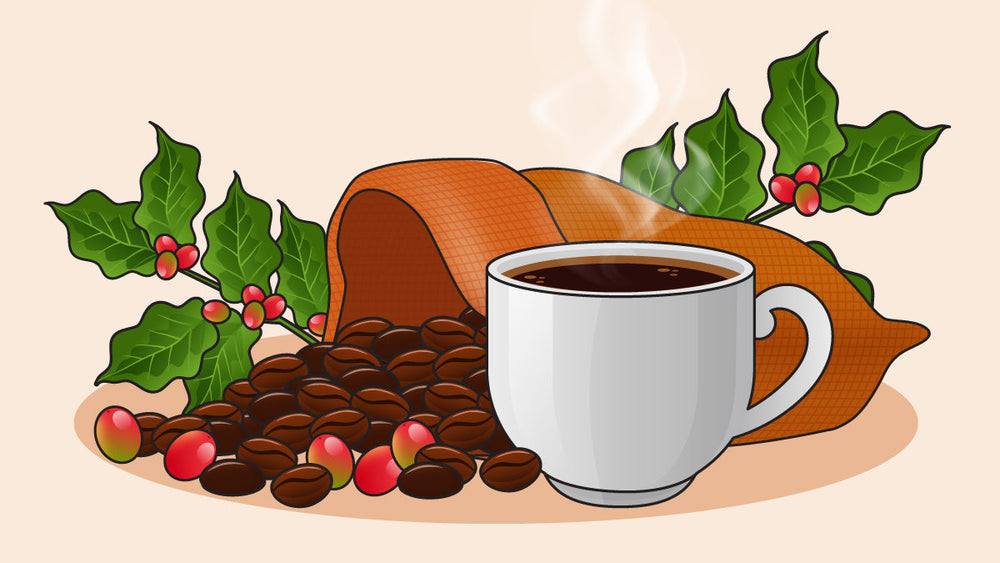Steaming cup of coffee next to spilled coffee beans, red cherries, and holly leaves.