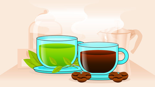 Green tea and coffee in glass cups with coffee beans and leaves