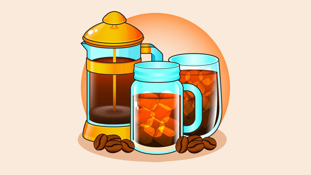 Illustration of a French press with freshly brewed coffee, accompanied by two glass mugs filled with iced coffee and ice cubes, surrounded by coffee beans